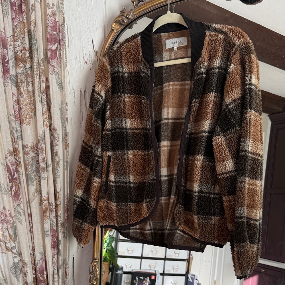 Cozy Plaid Sherpa Bomber Jacket - Brown